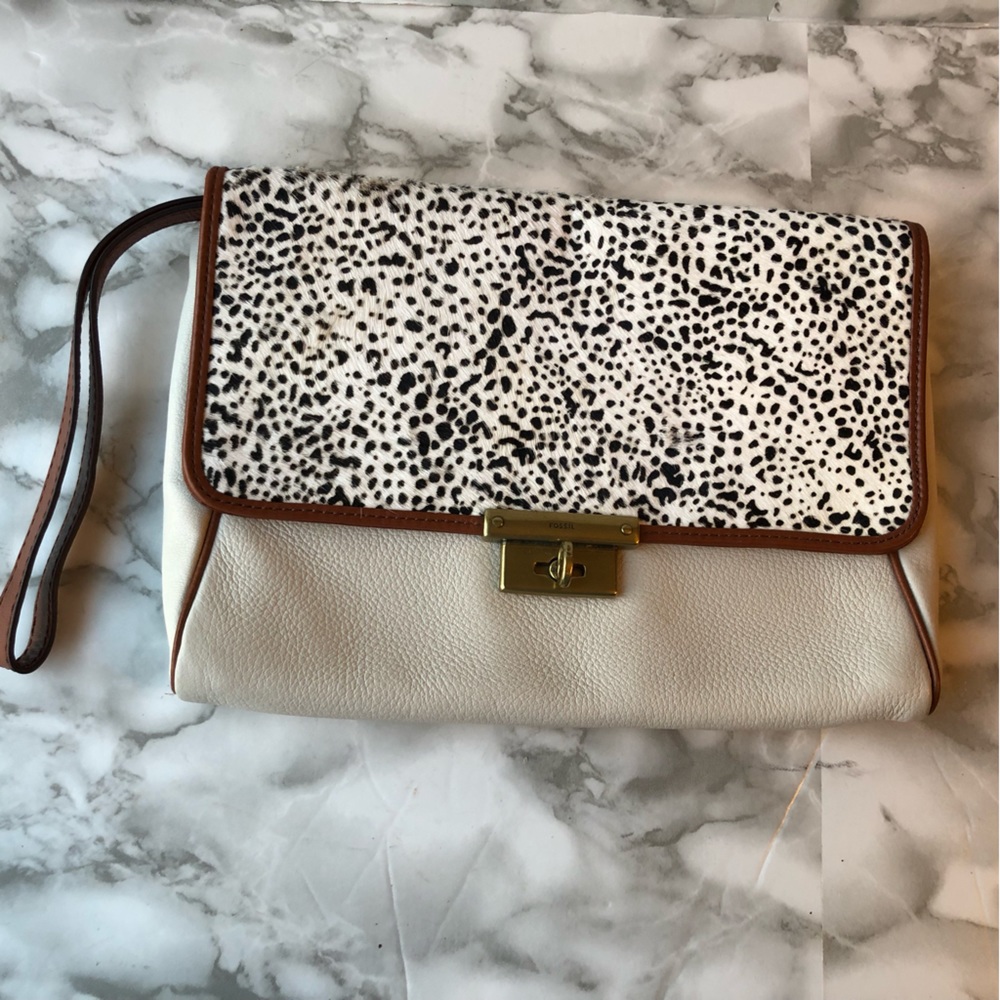 Fossil Animal Print Calf Hair Flap Genuine Leather Small Purse Wristlet Clutch